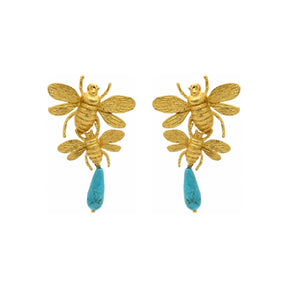 Rima Design Gold Bee Earrings with Blue Stone Drop