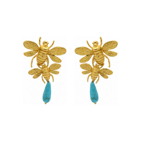 Rima Design Gold Bee Earrings with Blue Stone Drop