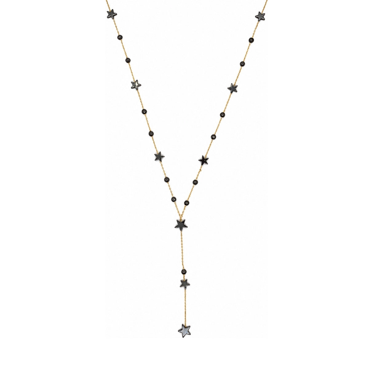 Rima Design Small Black Star & Round Bead Lariat Necklace