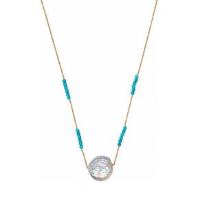 Rima Design Freshwater Coin Pearl Necklace with Blue Beads