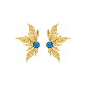 Rima Design Gold Leaf Statement Earrings with Blue Stone