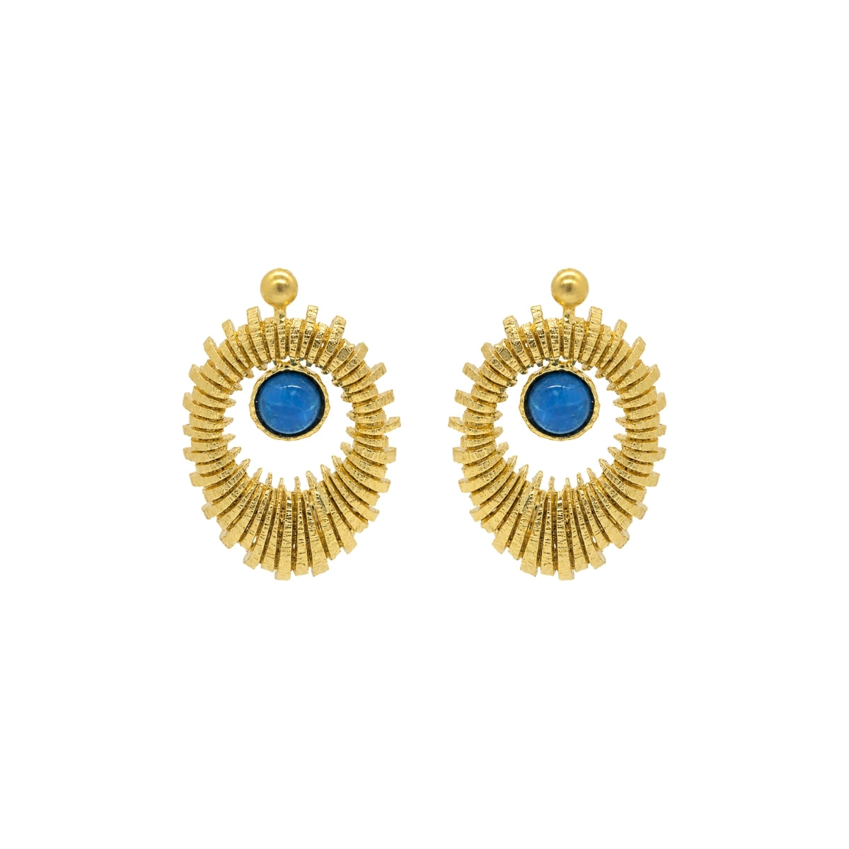 Rima Design Gold Ribbed Open Oval Earrings with Blue Stone