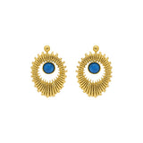 Rima Design Gold Ribbed Open Oval Earrings with Blue Stone