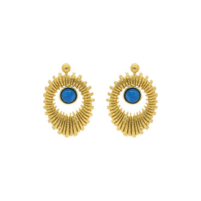 Rima Design Gold Ribbed Open Oval Earrings with Blue Stone