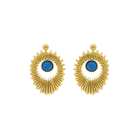 Rima Design Gold Ribbed Open Oval Earrings with Blue Stone