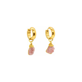 Dangling Raw Pink Tourmaline Gemstone Thick Huggie Hoop Earrings