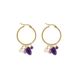 Dangling Amethyst Gemstone and Pearl Charm Hoop Earrings
