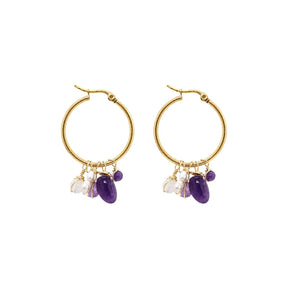 Dangling Amethyst Gemstone and Pearl Charm Hoop Earrings