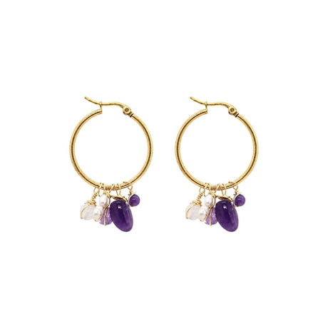 Dangling Amethyst Gemstone and Pearl Charm Hoop Earrings