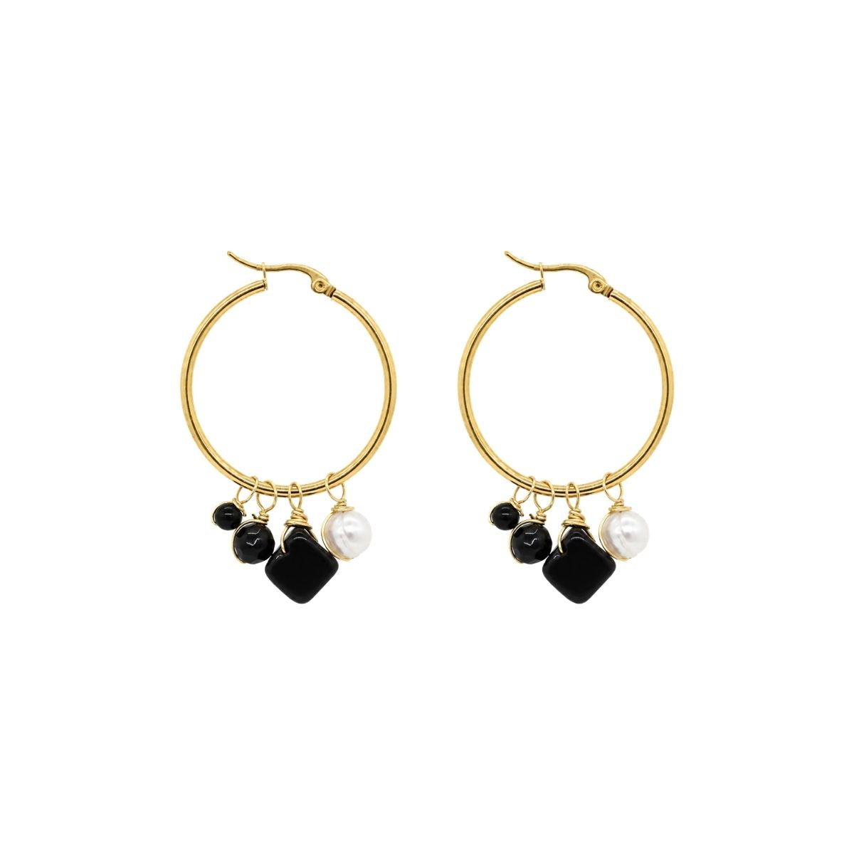 Dangling Onyx Gemstone and Pearl Charm Hoop Earrings