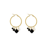 Dangling Onyx Gemstone and Pearl Charm Hoop Earrings