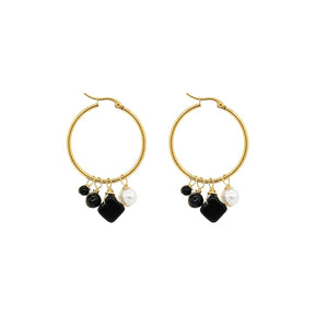 Dangling Onyx Gemstone and Pearl Charm Hoop Earrings