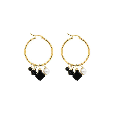 Dangling Onyx Gemstone and Pearl Charm Hoop Earrings