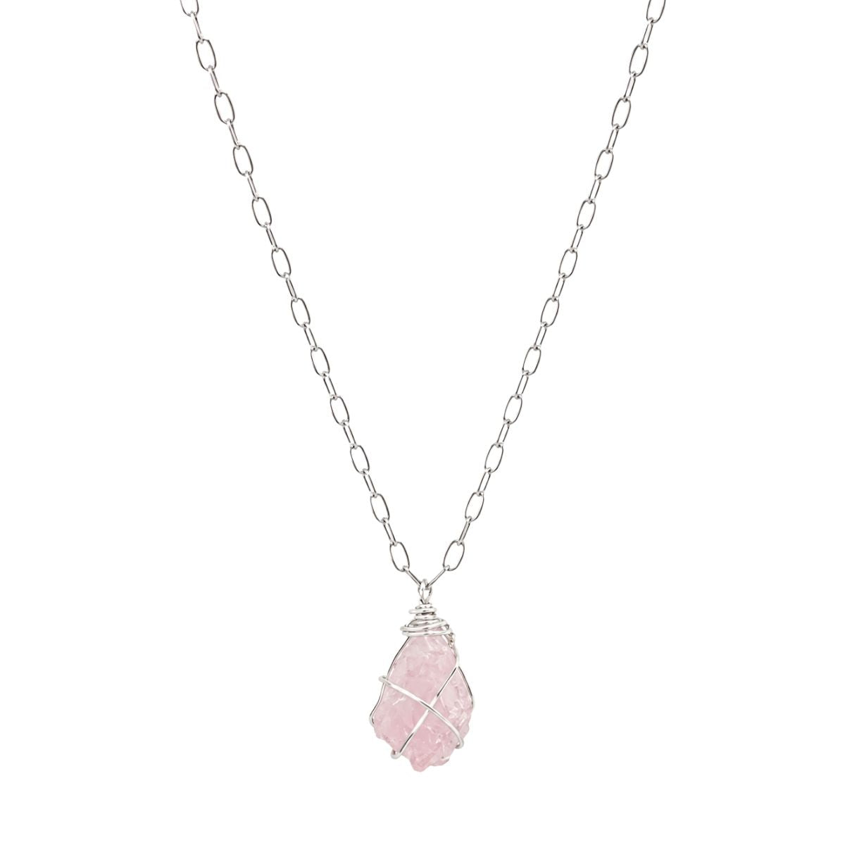 Raw Rose Quartz Wire Wrapped Silver Necklace