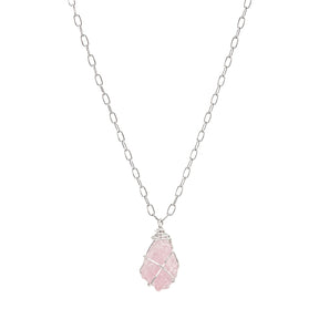 Raw Rose Quartz Wire Wrapped Silver Necklace