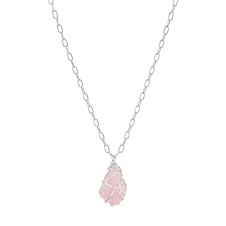 Raw Rose Quartz Wire Wrapped Silver Necklace