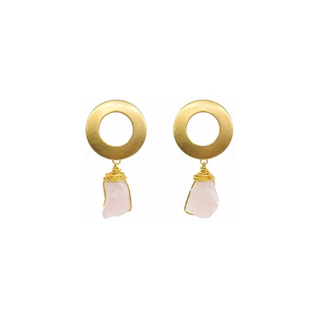 Raw Rose Quartz Gemstone Wire Wrapped Circle Dangle Earrings
