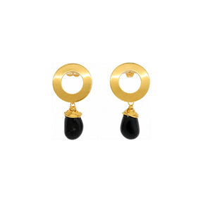 Black Onyx Gemstone Wire Wrapped Circle Dangle Earrings