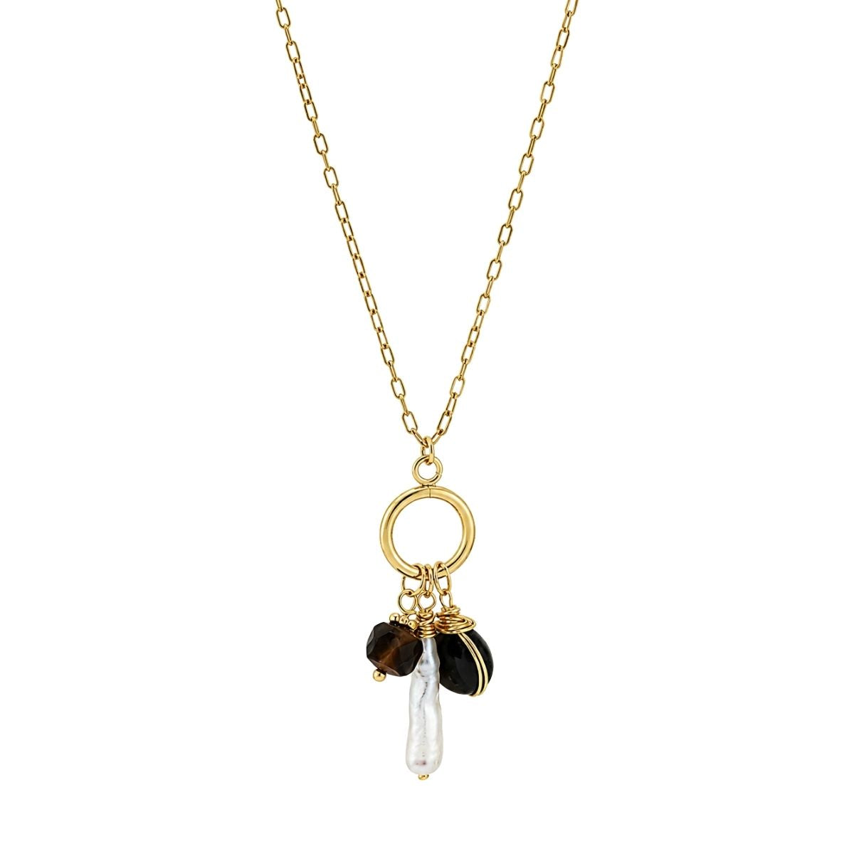 Black Onyx Pearl & Tiger's Eye Gemstone Charm Necklace