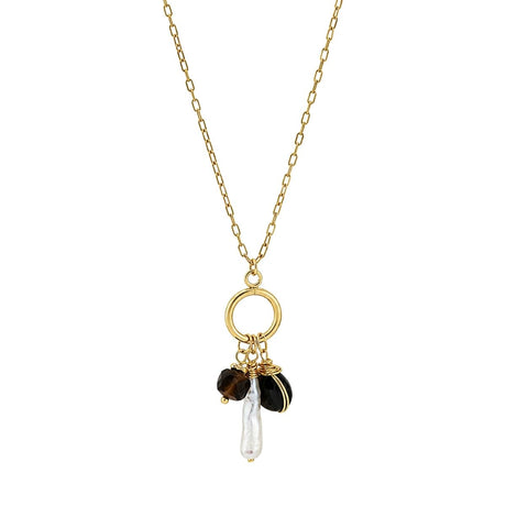 Black Onyx Pearl & Tiger's Eye Gemstone Charm Necklace