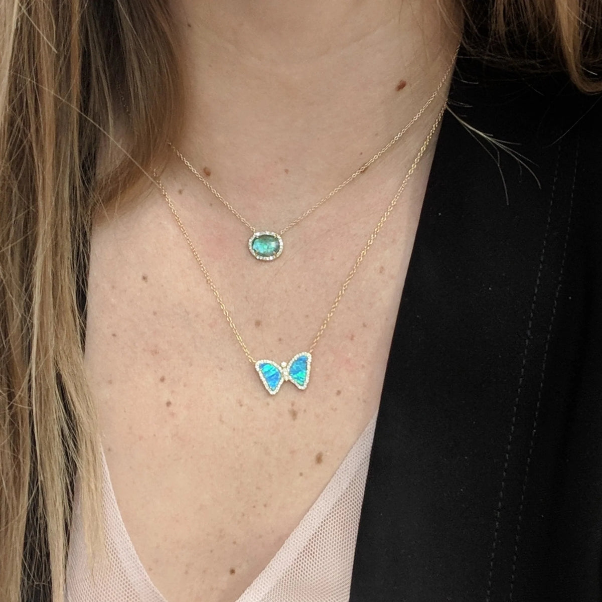 Blue Green Opal Mini Butterfly Necklace