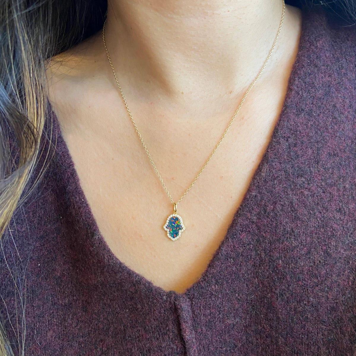 Black Opal Hamsa Necklace