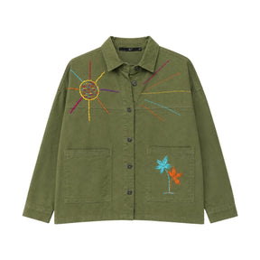 Boutique Flo Good Vibes Embroidered Yarn Olive Green Jacket