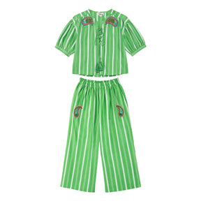 Boutique Flo Green Striped Paisley Embroidered Co-Ord Set