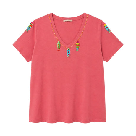 Boutique Flo Beaded Fish Trim Pink T-Shirt