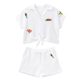 Boutique Flo Coastal Beaded Motifs White Short Gauze Co-Ord Set
