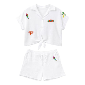 Boutique Flo Coastal Beaded Motifs White Short Gauze Co-Ord Set