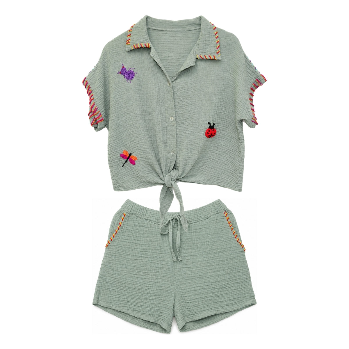 Boutique Flo Garden Bugs Embroidered Yarn Sage Short Gauze Co-Ord Set