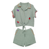 Boutique Flo Garden Bugs Embroidered Yarn Sage Short Gauze Co-Ord Set