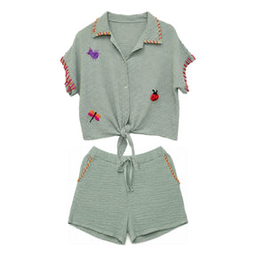Boutique Flo Garden Bugs Embroidered Yarn Sage Short Gauze Co-Ord Set