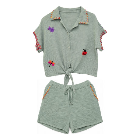 Boutique Flo Garden Bugs Embroidered Yarn Sage Short Gauze Co-Ord Set