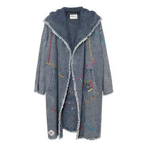 Boutique Flo Positivity Embroidered Grey Denim Hooded Coat