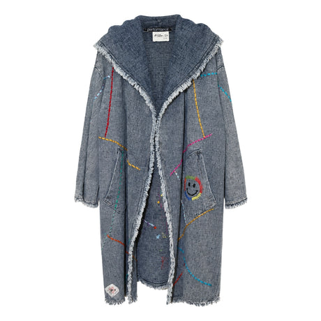 Boutique Flo Positivity Embroidered Grey Denim Hooded Coat