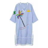 Boutique Flo Palm Tree Embroidered Yarn Blue Striped Hooded Kaftan