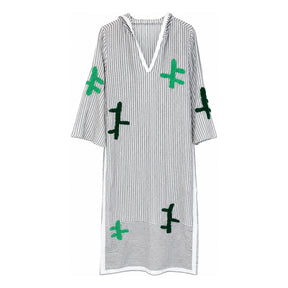 Boutique Flo Viva La Vida Embroidered Yarn Grey Striped Hooded Kaftan