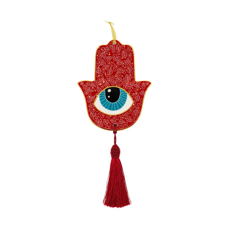 Noorena Crimson Glitter Hamsa Evil Eye Ceramic Wall Hanging with Tassel