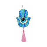 Noorena Turquoise Sunburst Hamsa Evil Eye Ceramic Wall Hanging with Pink Tassel