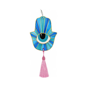 Noorena Turquoise Sunburst Hamsa Evil Eye Ceramic Wall Hanging with Pink Tassel