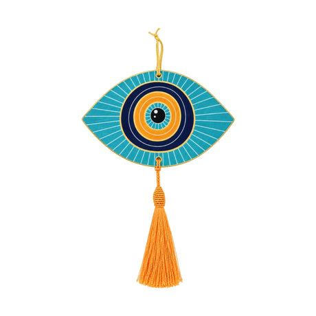 Noorena Turquoise Evil Eye Ceramic Wall Hanging with Orange Tassel