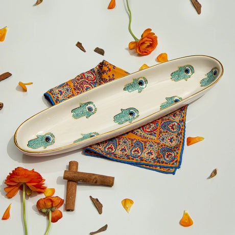 Noorena Teal Hamsa Ceramic Oval Serving Tray