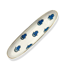 Noorena Blue Hamsa Ceramic Oval Serving Tray