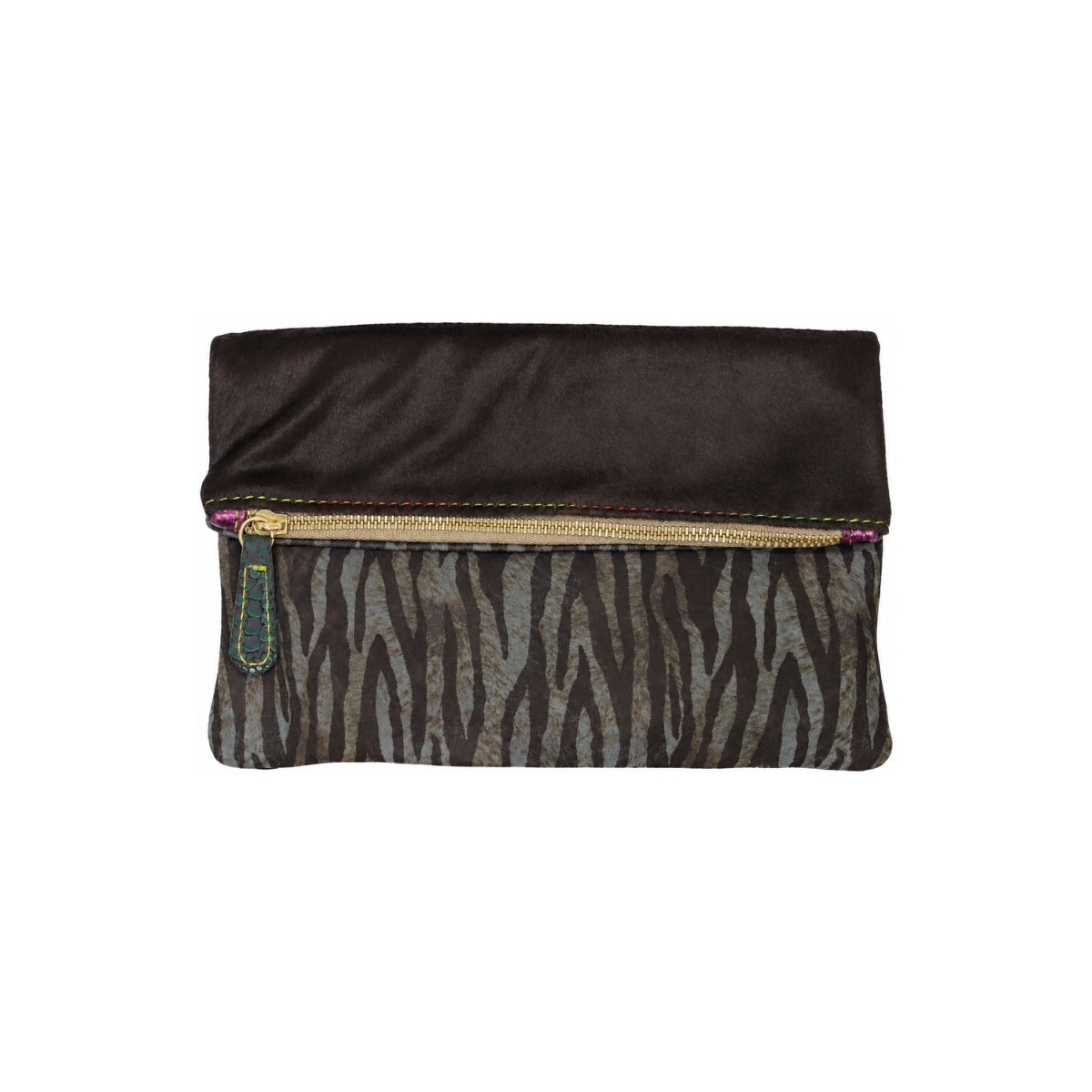 Ebarrito Brown & Tiger Print Minilie Leather Clutch Bag