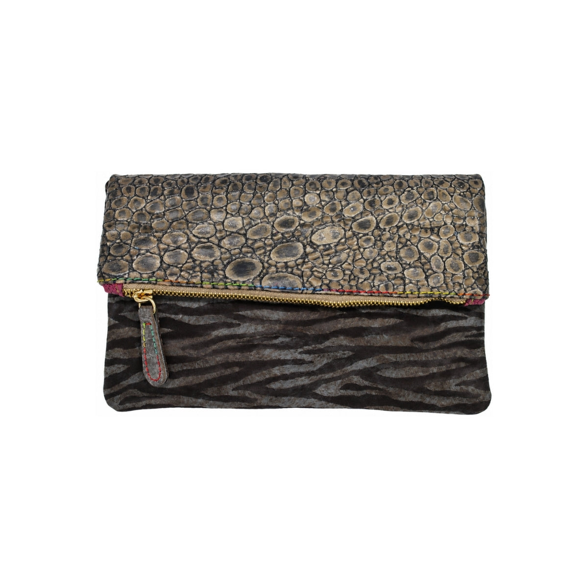 Ebarrito Brown Croc & Tiger Print Minilie Leather Clutch Bag