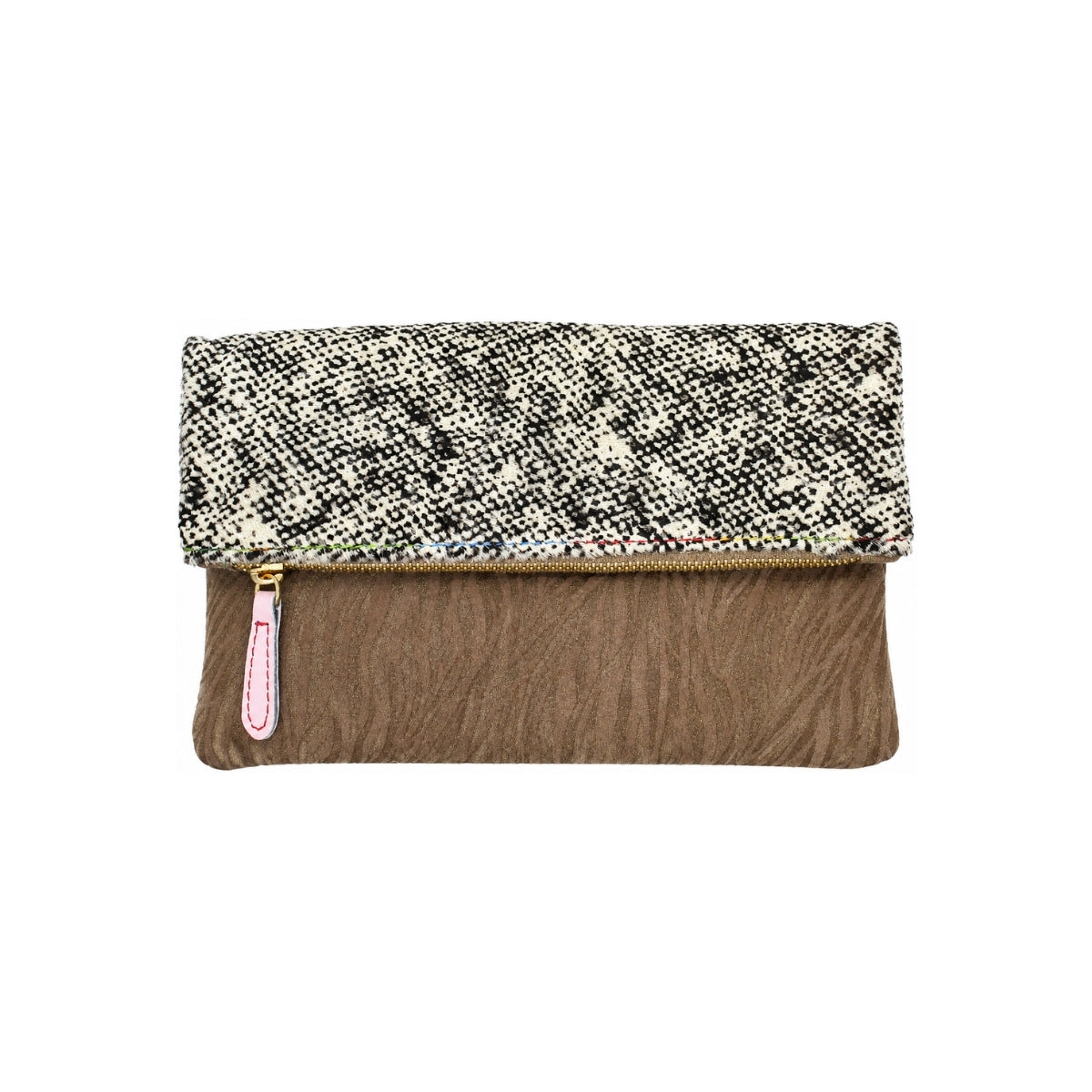 Ebarrito Tweed & Taupe Tiger Print Minilie Leather Clutch Bag