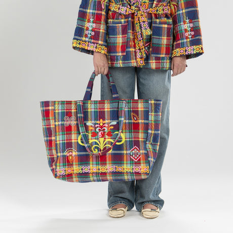 Alex.Max Madras Plaid Embroidered Tote Bag