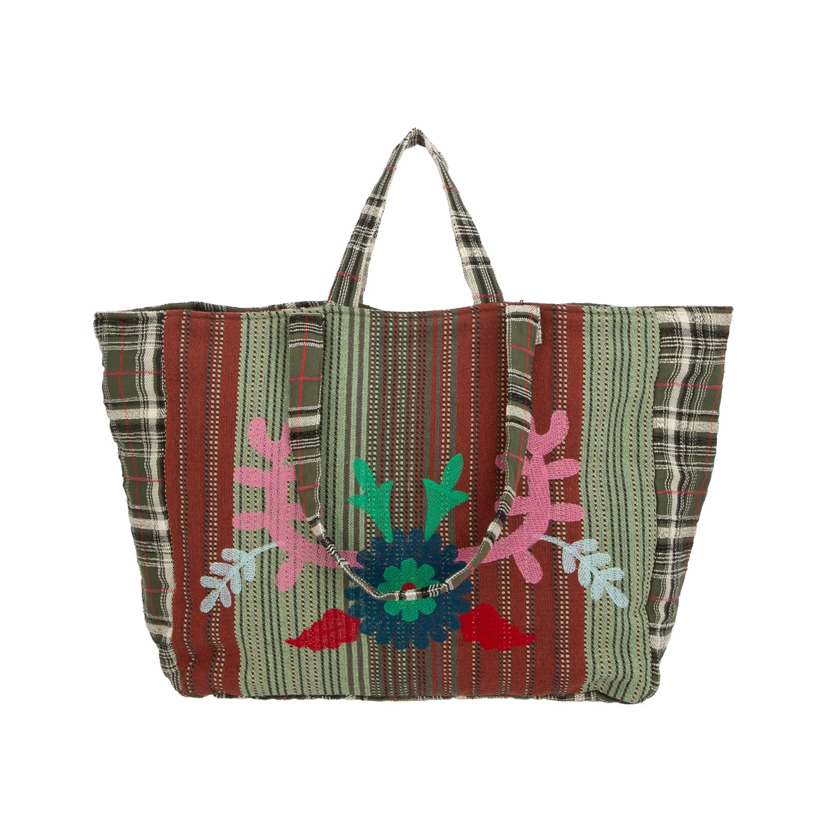 Alex.Max Sage Striped Floral Embroidered Tote Bag